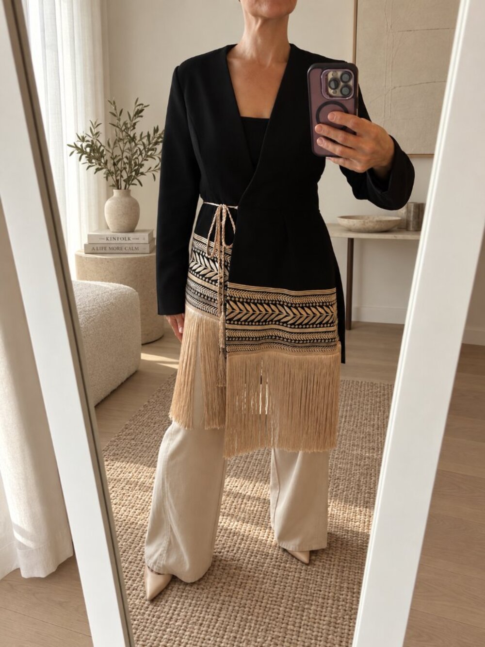 TwoTwinStyle Black Asymmetric Embroidered Fringe Wrap Blazer Jacket